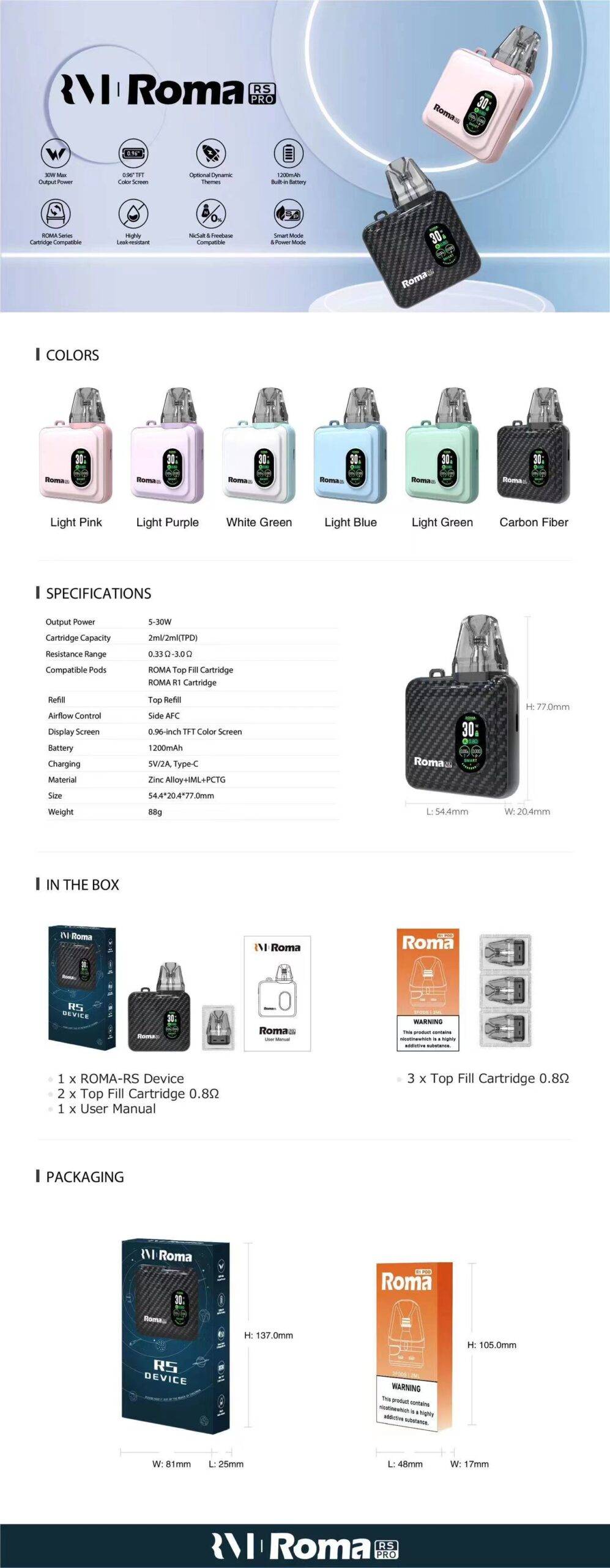 【ROMA RS PRO】注油款主機 | 1200mAh 大電量 | 5-30W 可調功率 | 0.96 吋 TFT 螢幕-1