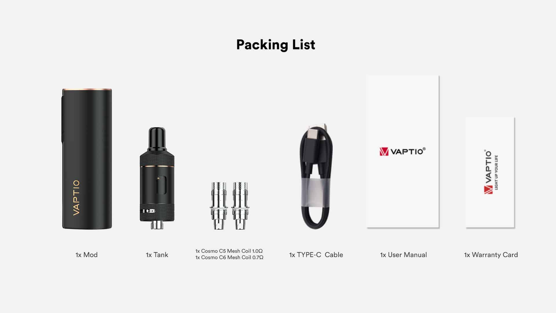 VAPTIO COSMO 2 KIT電子煙主機套裝，2000mAh電池容量，支援三段輸出調整與Type-C快充，搭配COSMO系列霧化器與成品芯的電子煙設備。